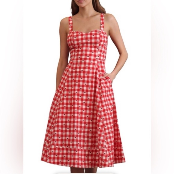 Avec Les Filles Red Gingham Cherry Pie Sweetheart Neck Fit & Flare Dress Pockets - Picture 9 of 16